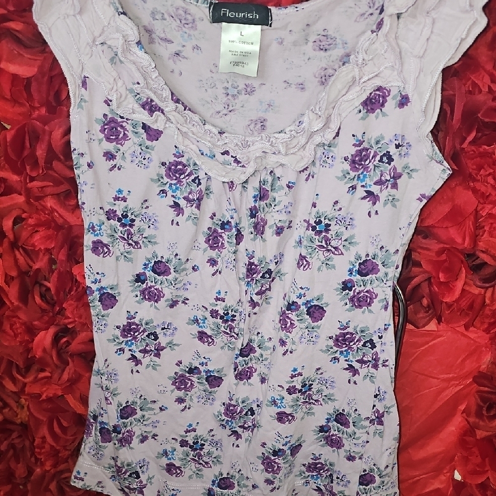 Fleurish Lavender Floral Ruffle Blouse Size Large